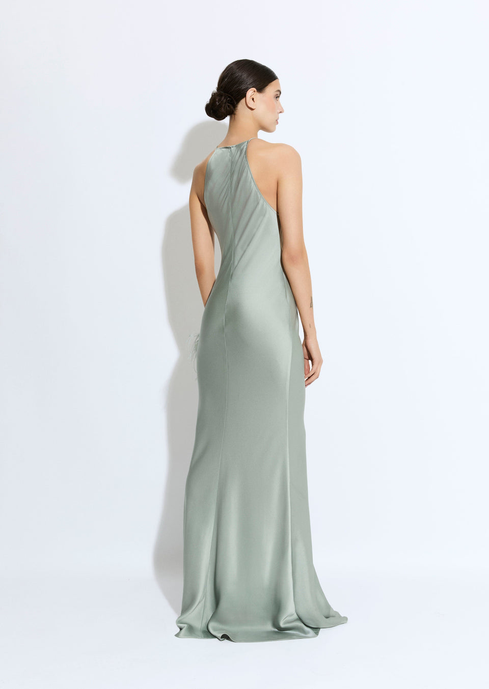 Satin Halter Gown With Feathers