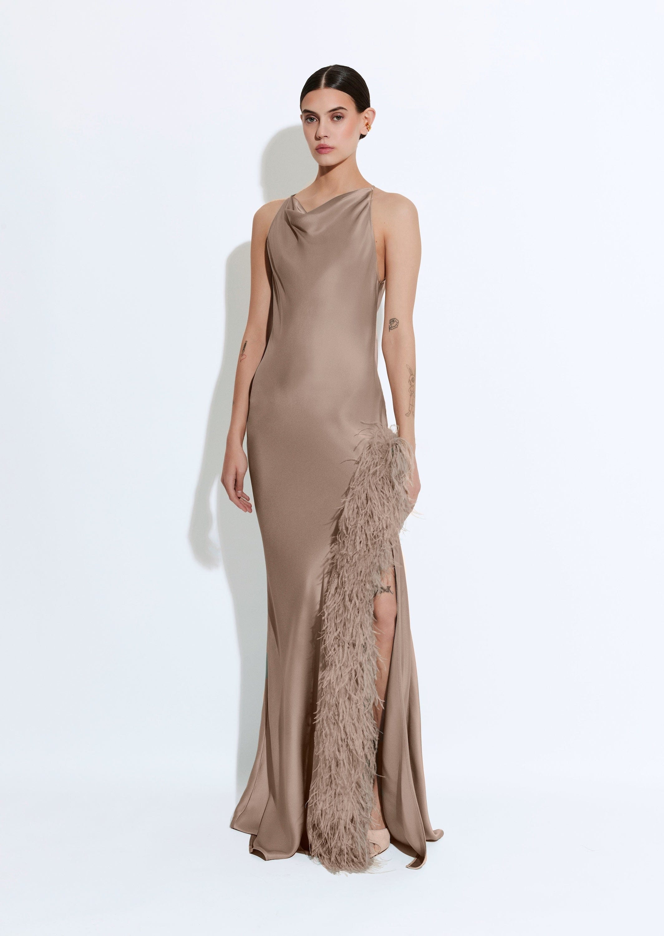 Satin Halter Gown With Feathers - LAPOINTE