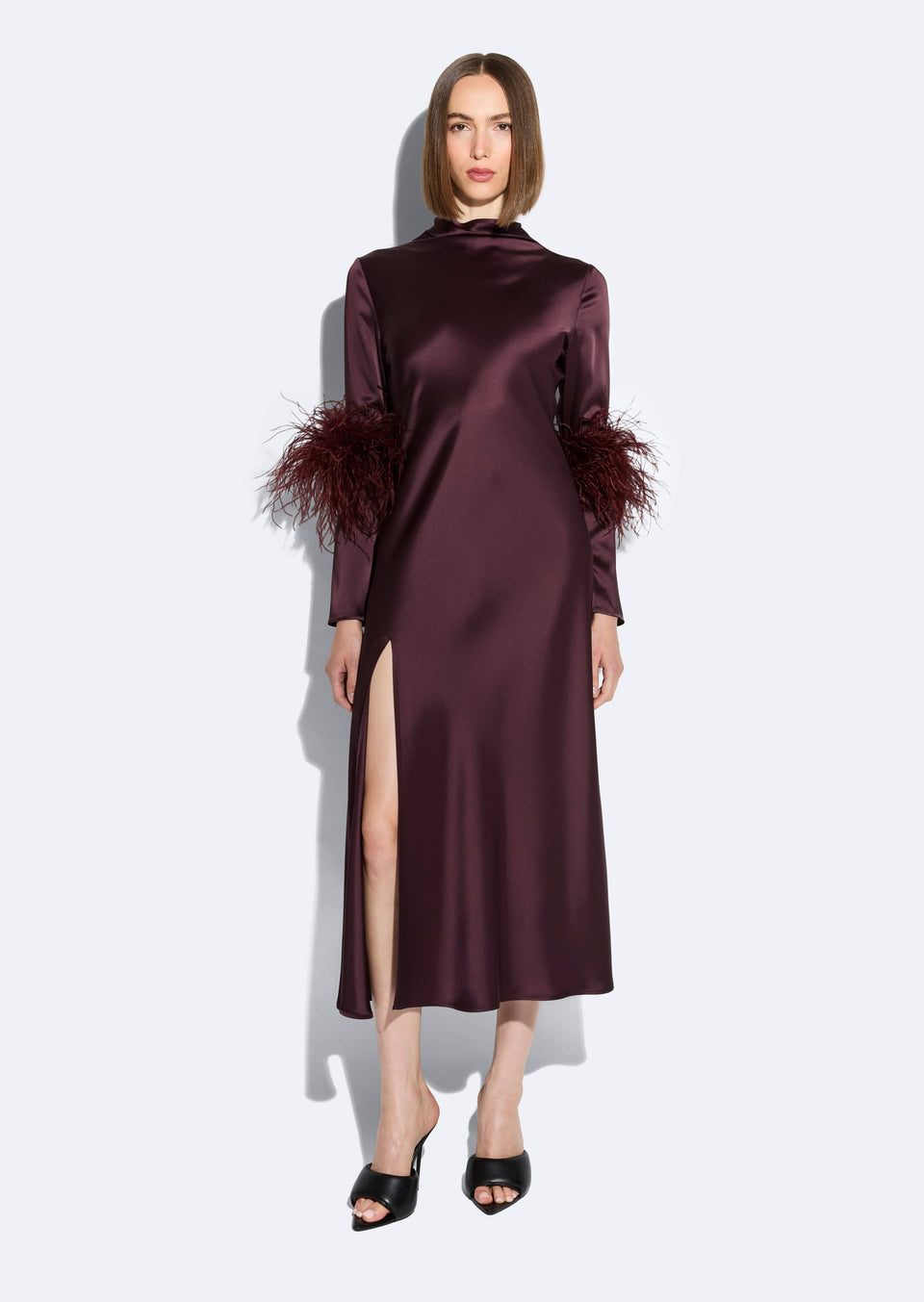 Satin Draped Neck Bias Dress With Feathers