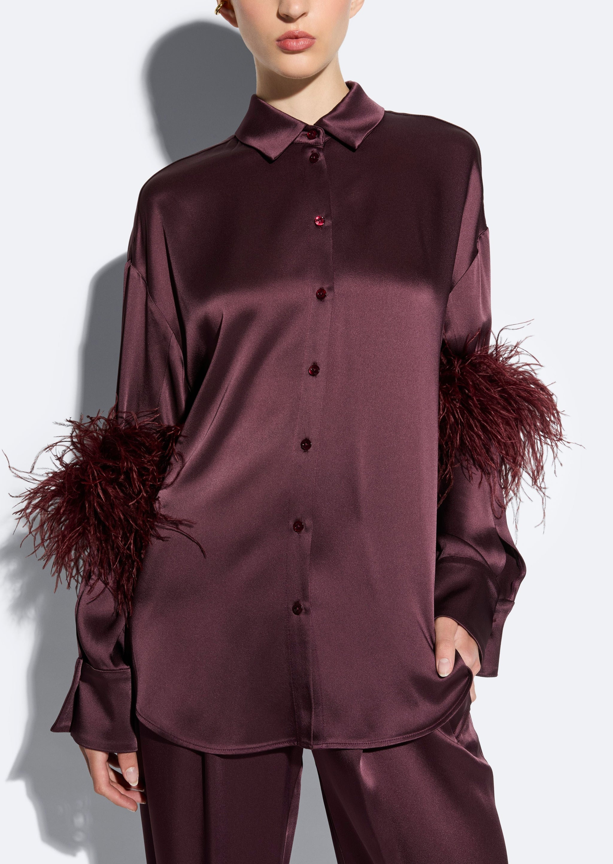 Satin Button Down With Feathers