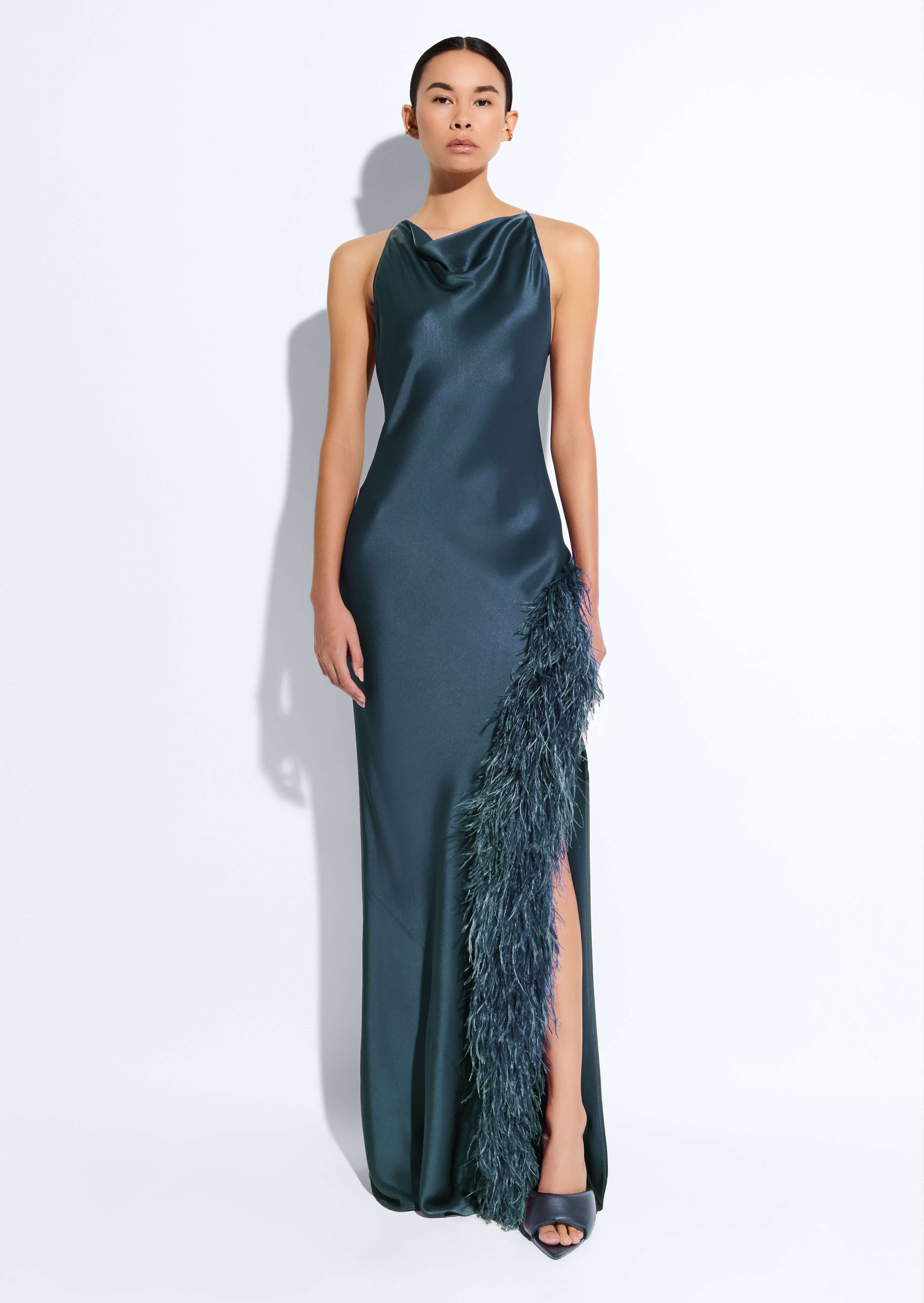 Satin Halter Gown With Feathers