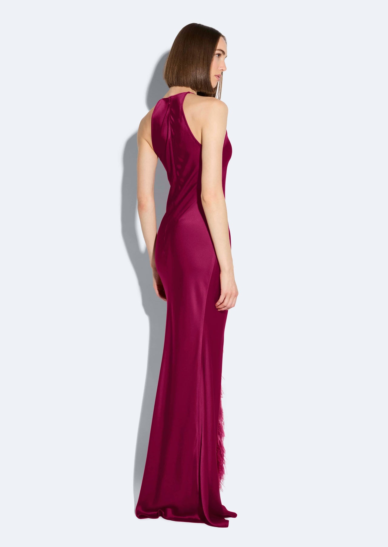 Satin Halter Gown With Feathers