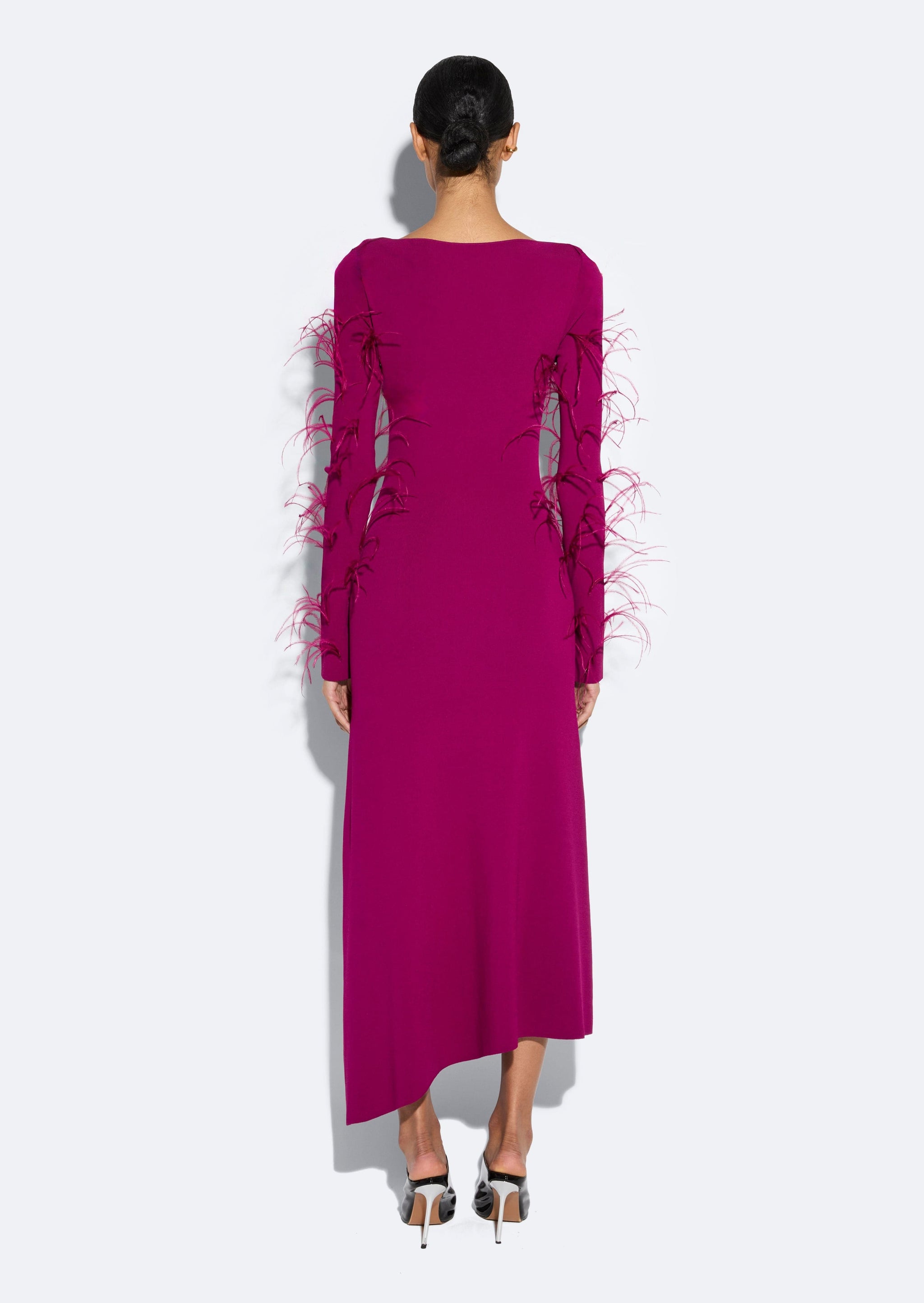 Viscose Boatneck Dress With Feathers