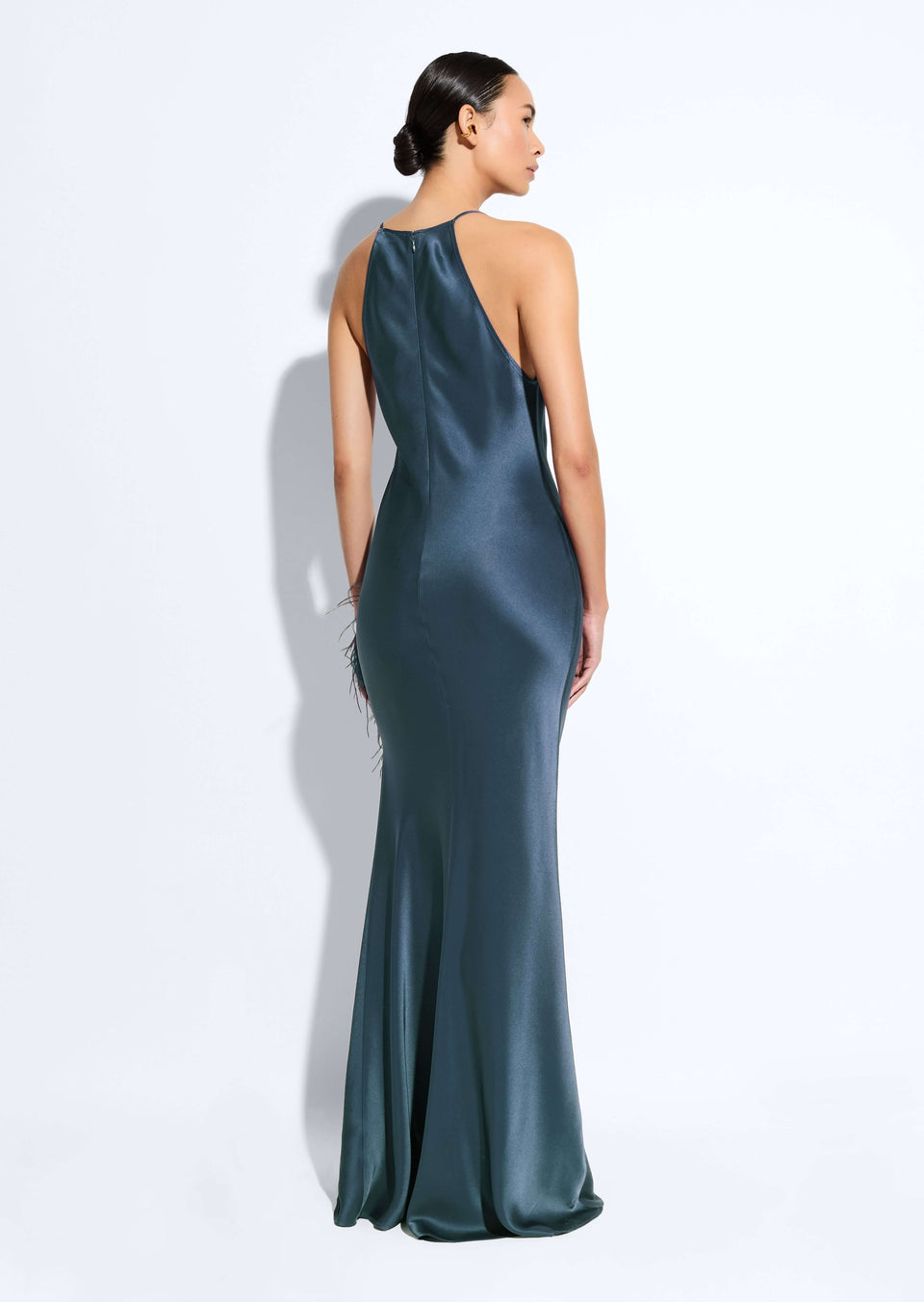 Satin Halter Gown With Feathers