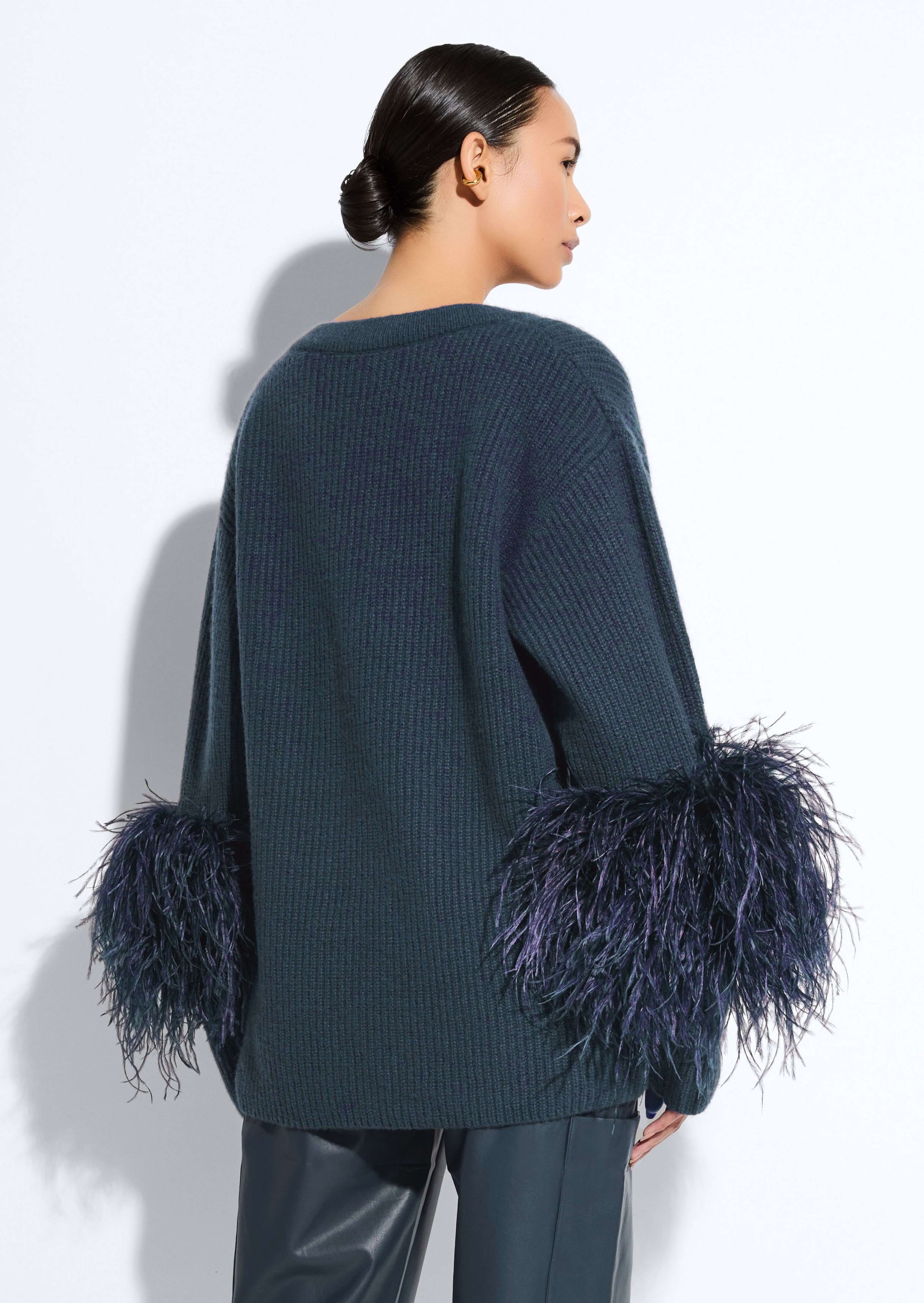 Cashmere V Neck Sweater With Feathers