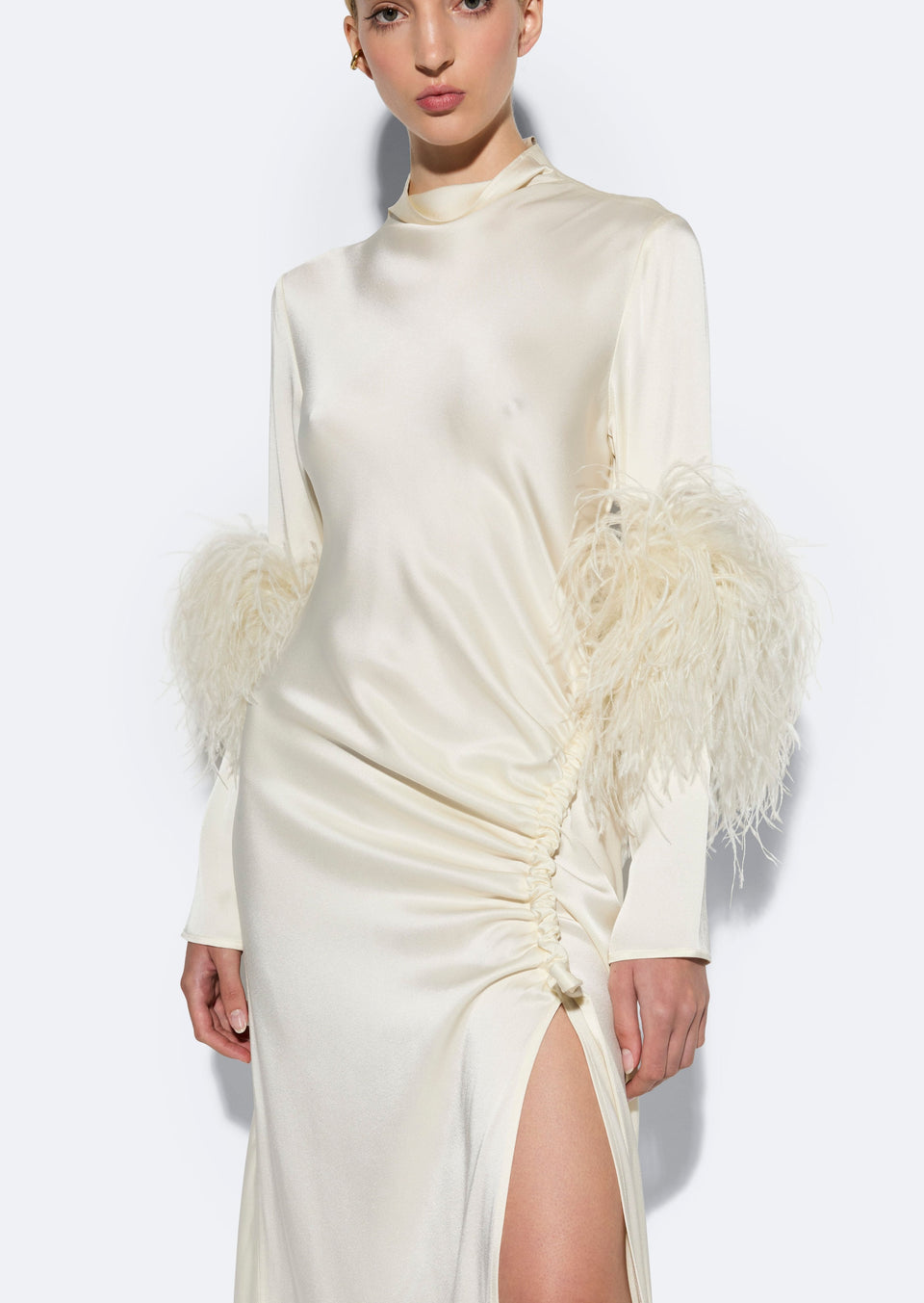 Satin Tab Gown With Feathers