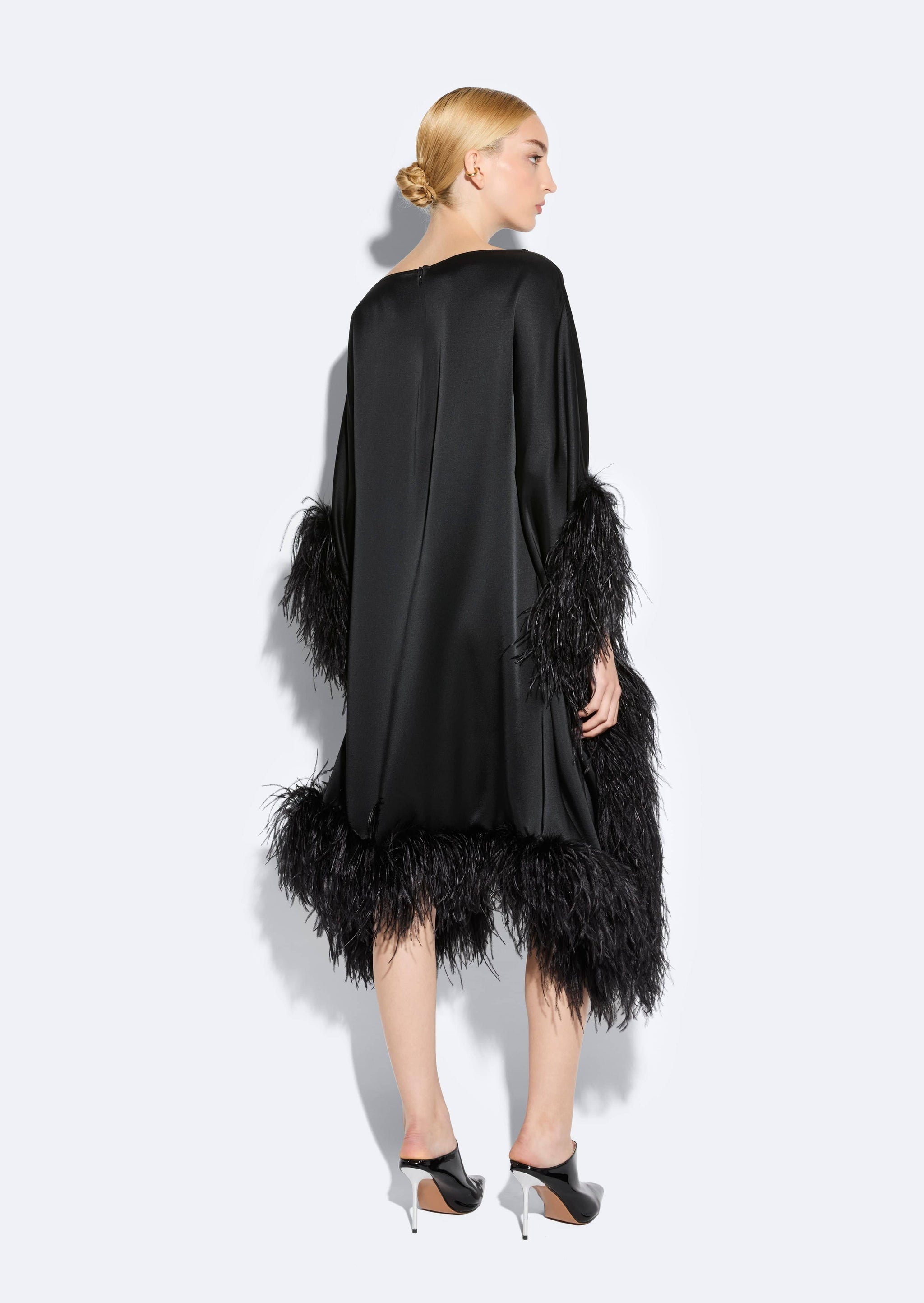 Satin Cape Dress With Feathers