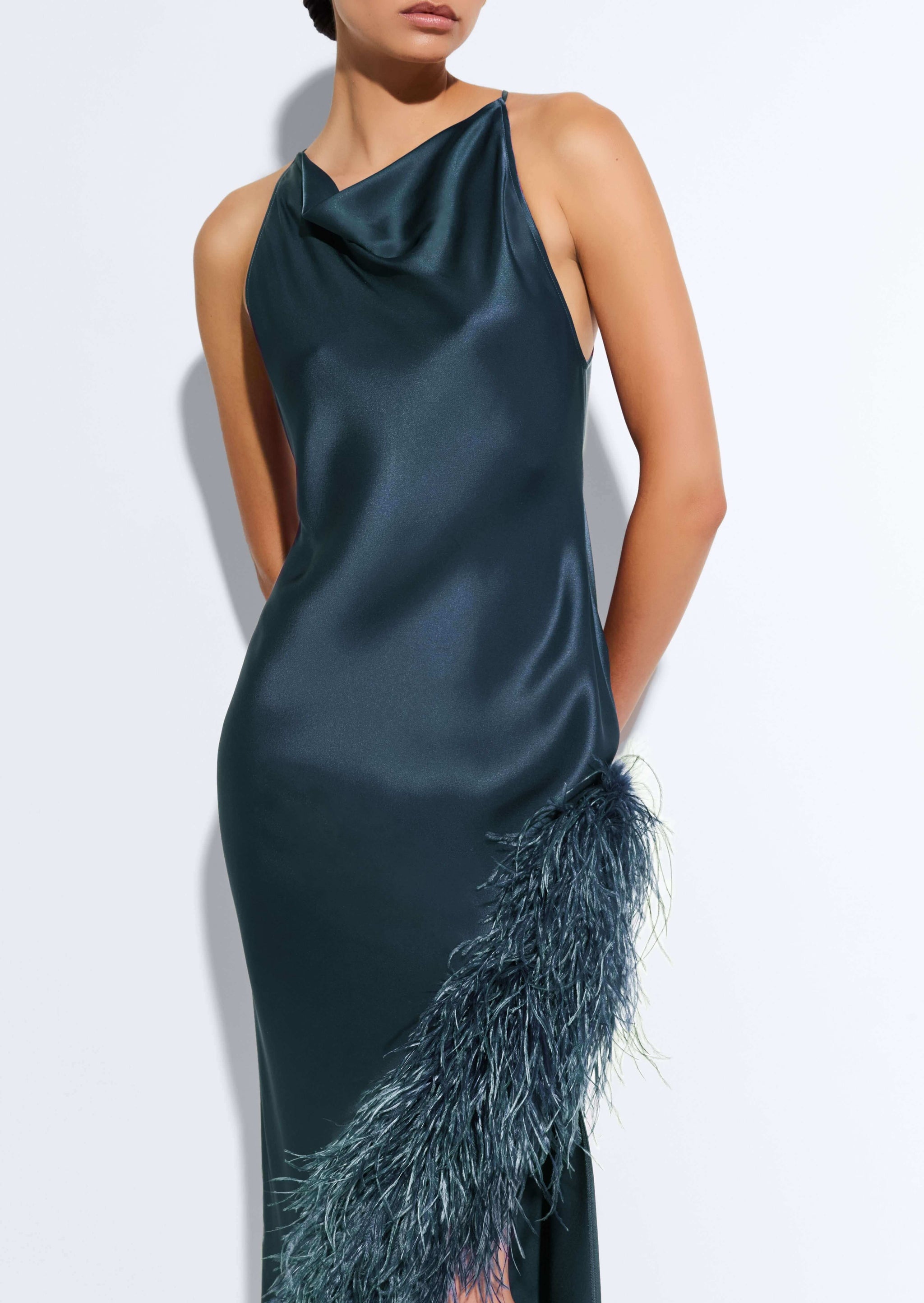 Satin Halter Gown With Feathers