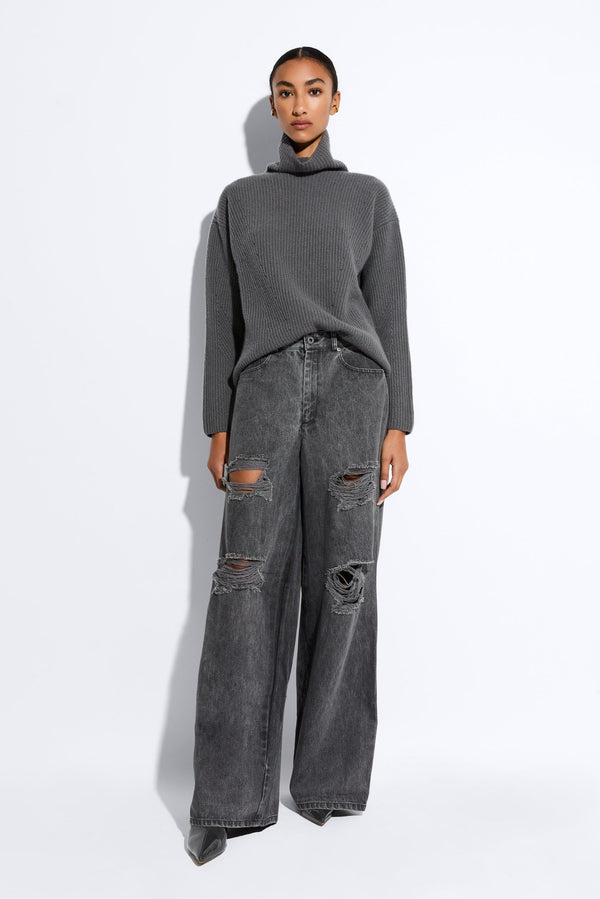 Relaxed Denim Distressed Wide Leg Jean - LAPOINTE