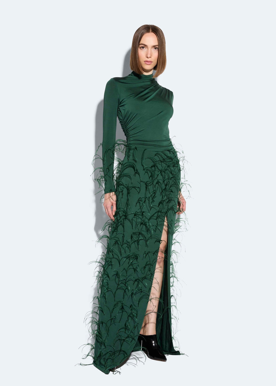 Jersey Draped Gown With Feathers