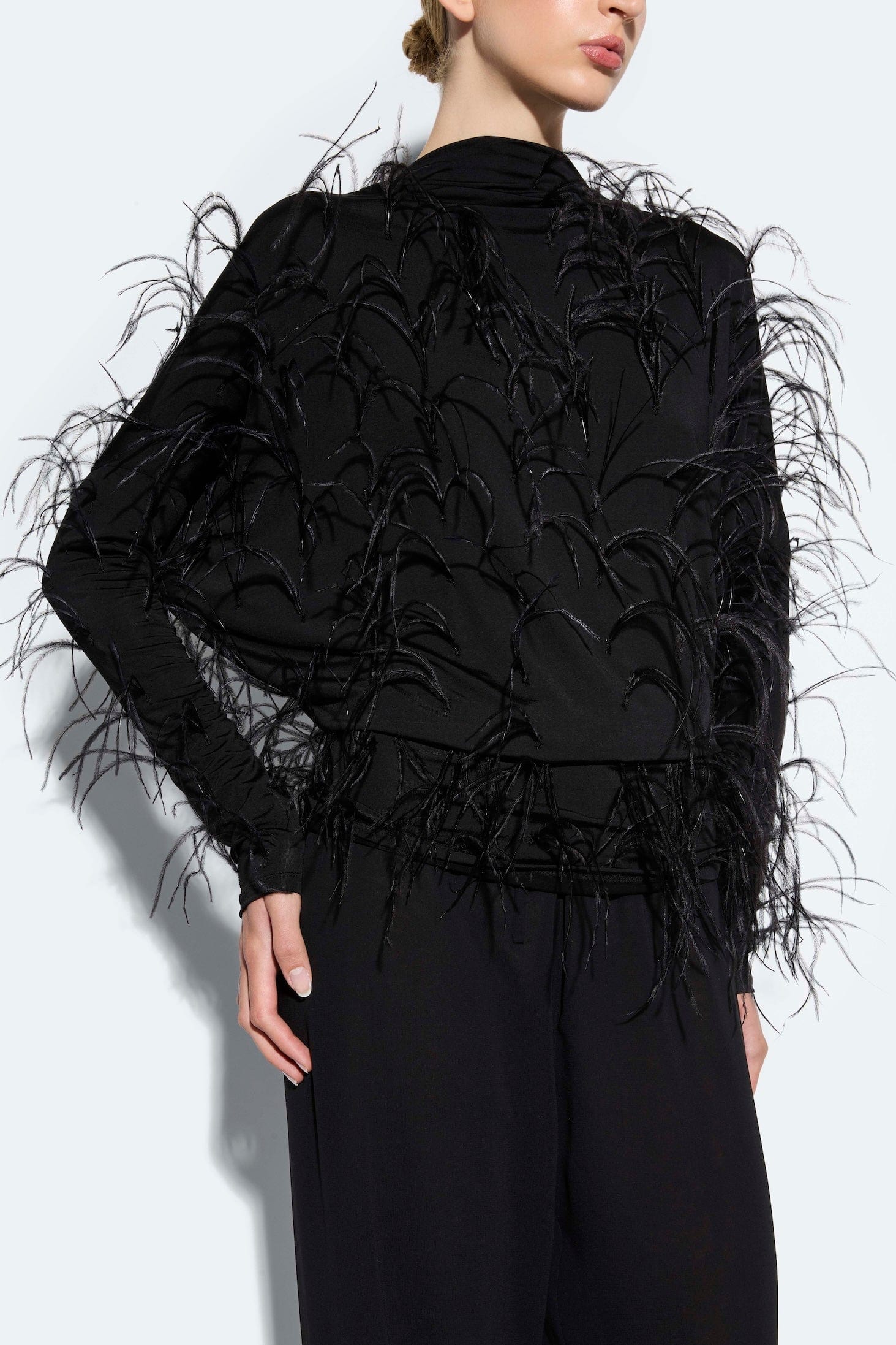 Jersey Blouson Top With Feathers