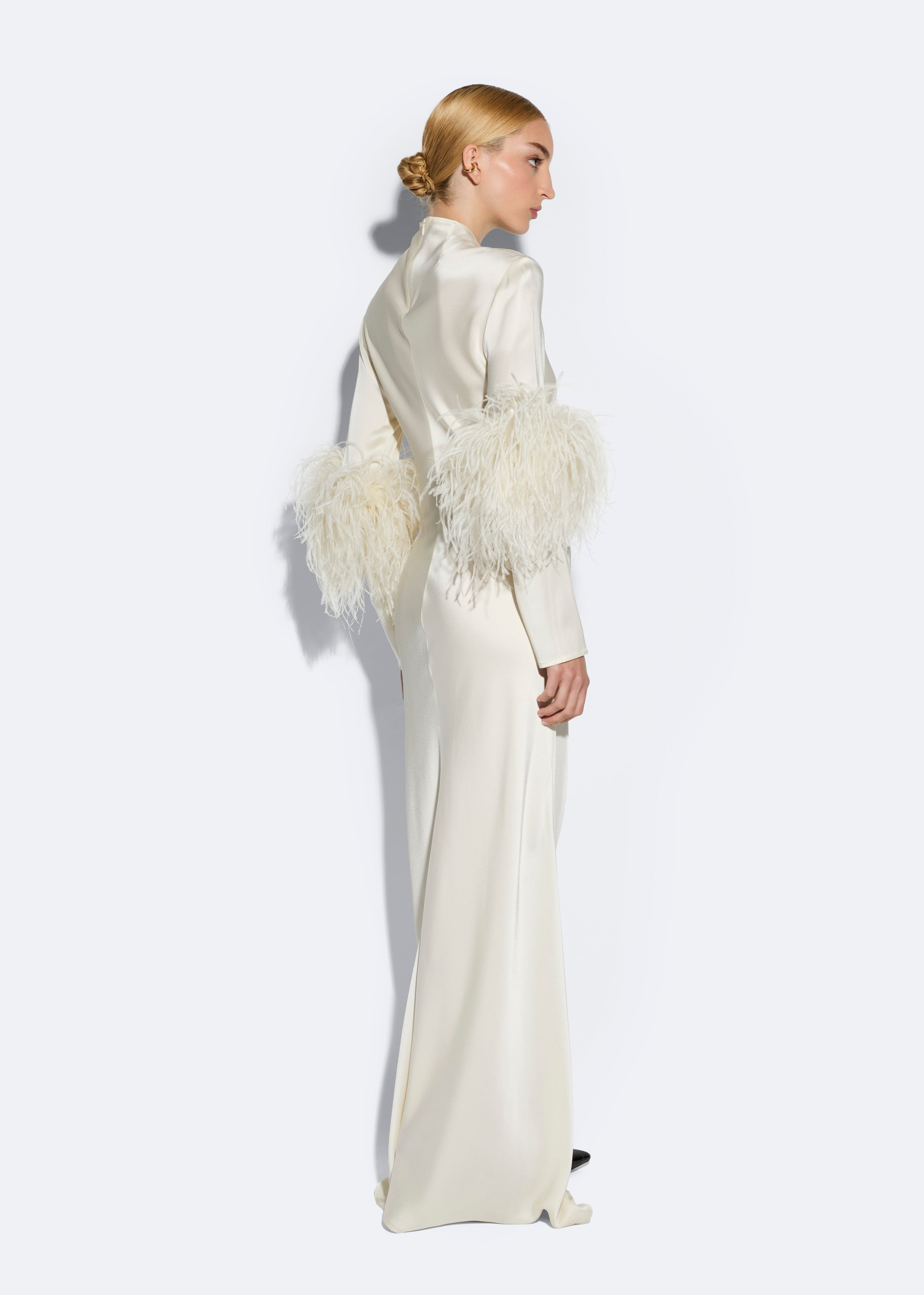 Satin Tab Gown With Feathers