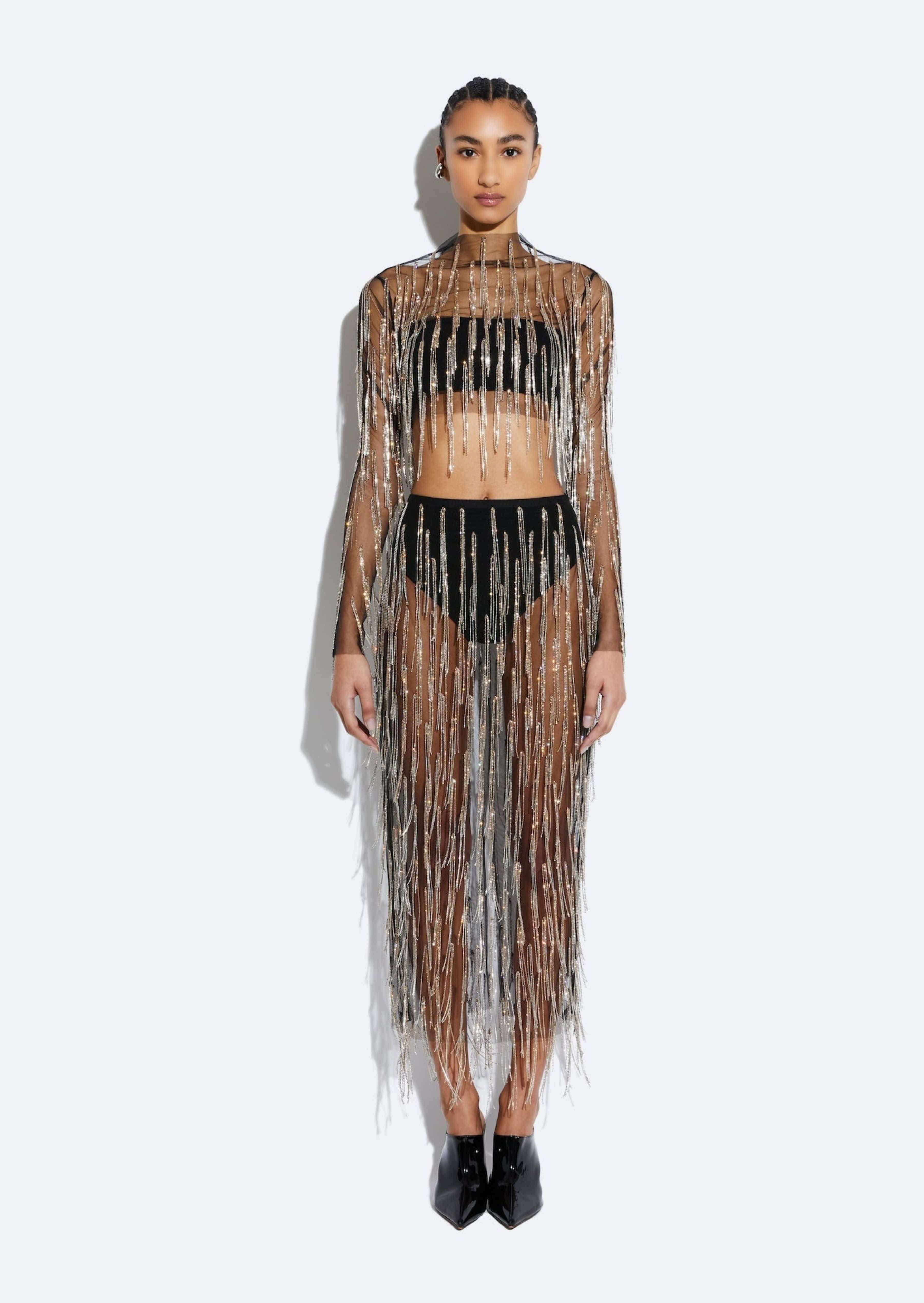 Mesh Diamond Fringe Pencil Skirt