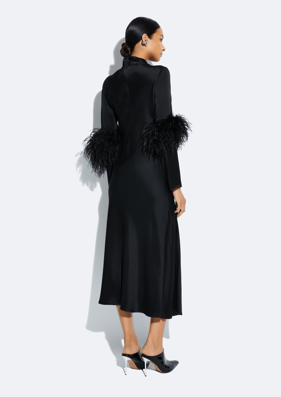 Satin Draped Neck Bias Dress With Feathers - LAPOINTE