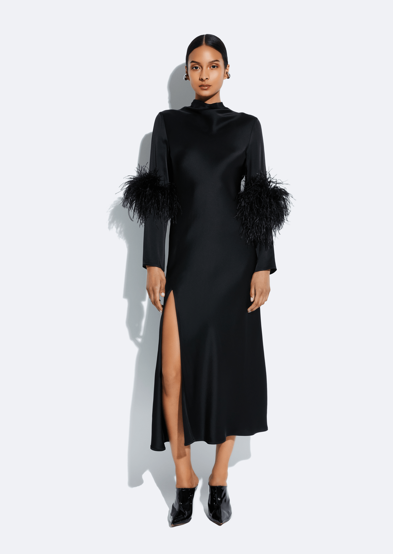 Satin Draped Neck Bias Dress With Feathers - LAPOINTE