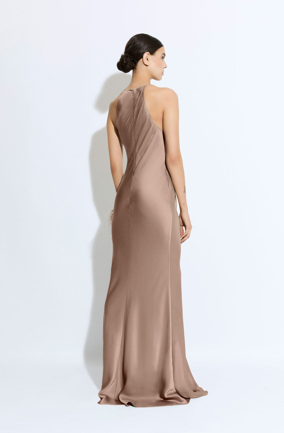 Satin Halter Gown With Feathers - LAPOINTE