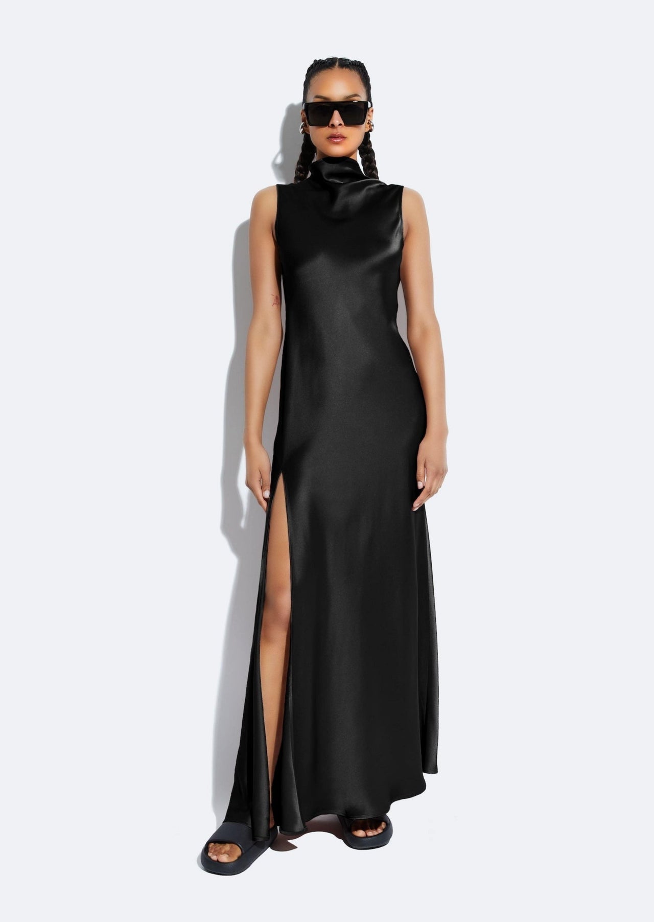 Satin Drape Neck Sleeveless Dress