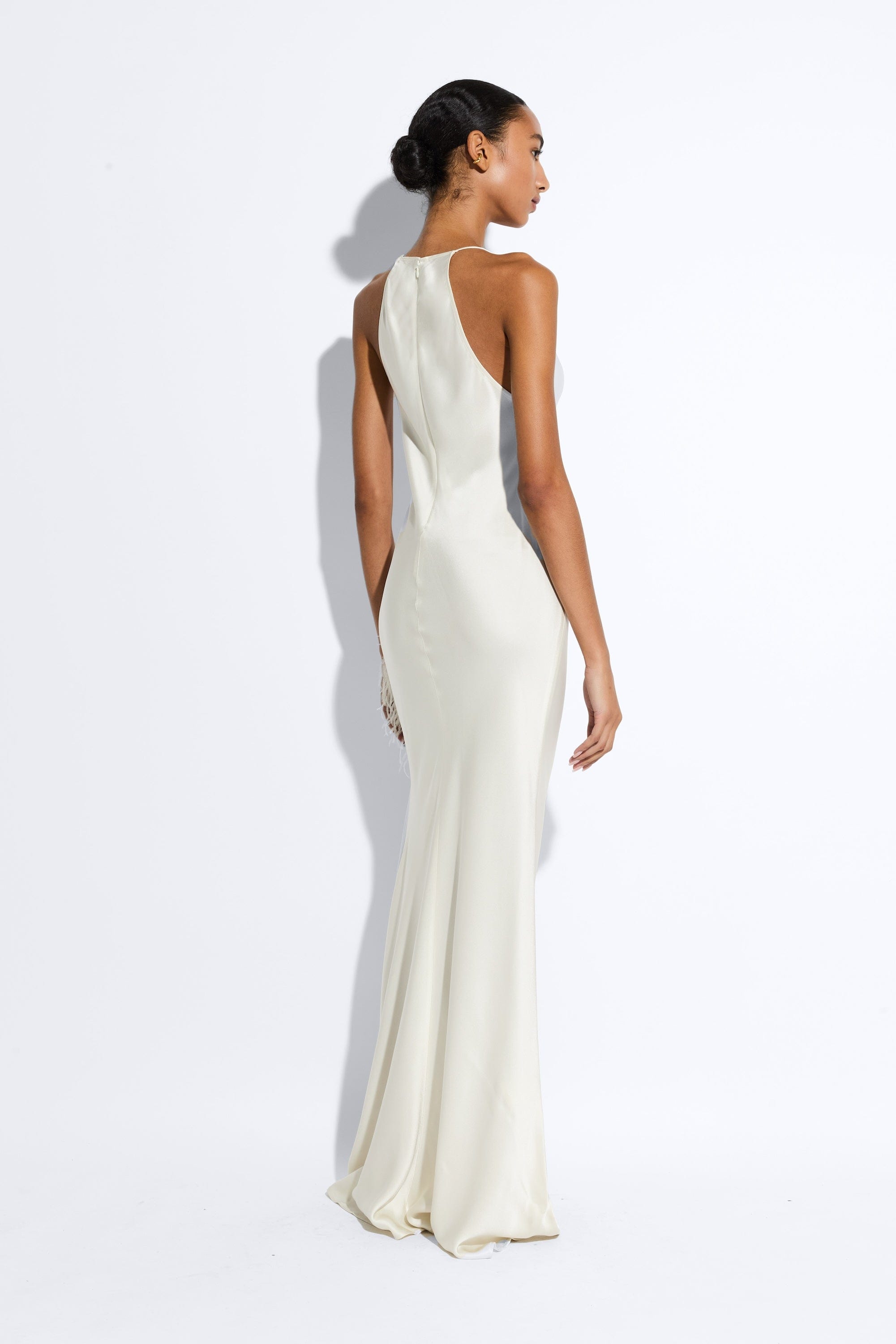 Satin Halter Gown With Feathers - LAPOINTE