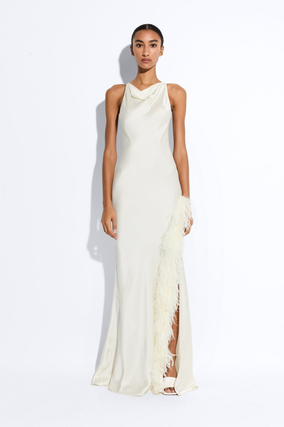 Satin Halter Gown With Feathers - LAPOINTE