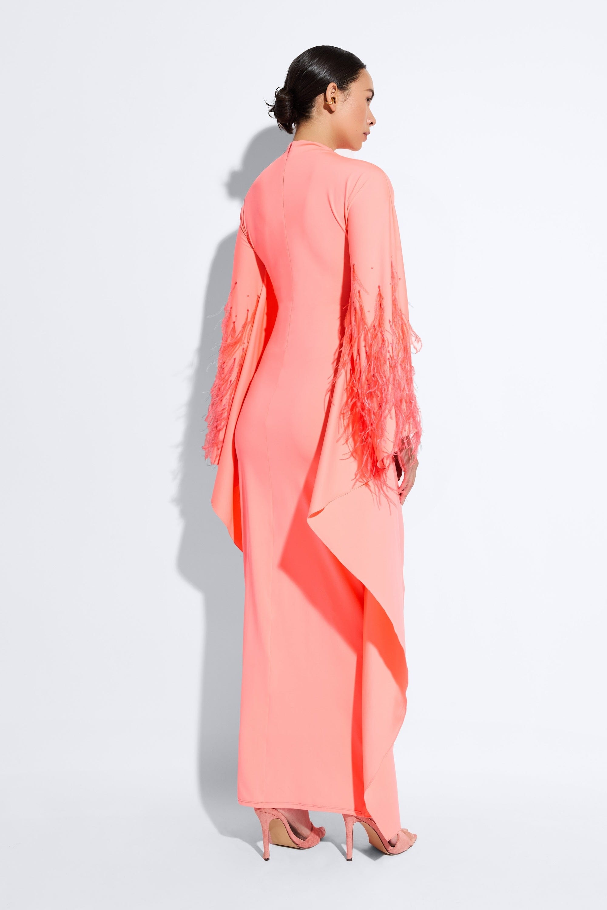 Compact Jersey Mock Neck Batwing Gown With Feathers