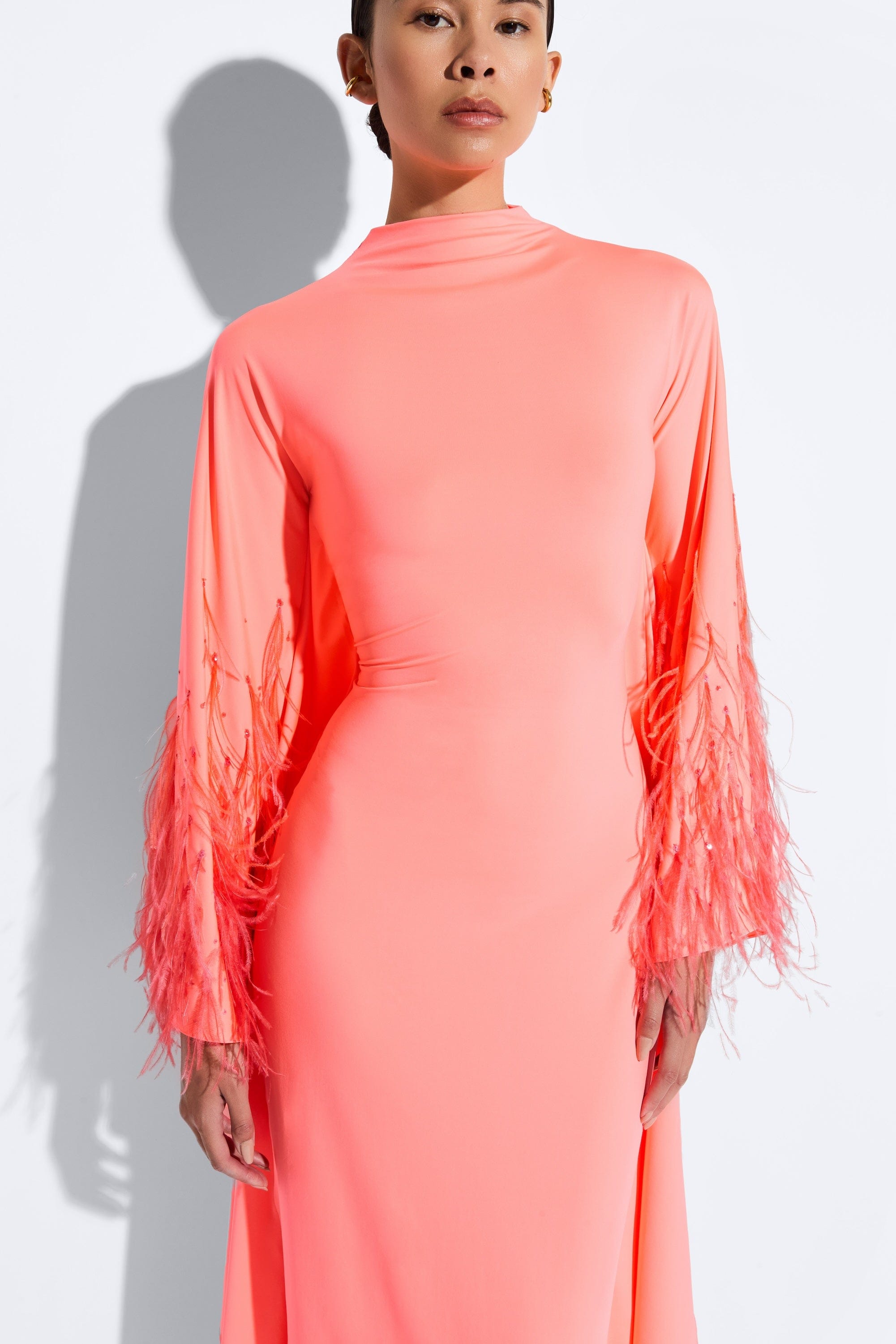 Compact Jersey Mock Neck Batwing Gown With Feathers