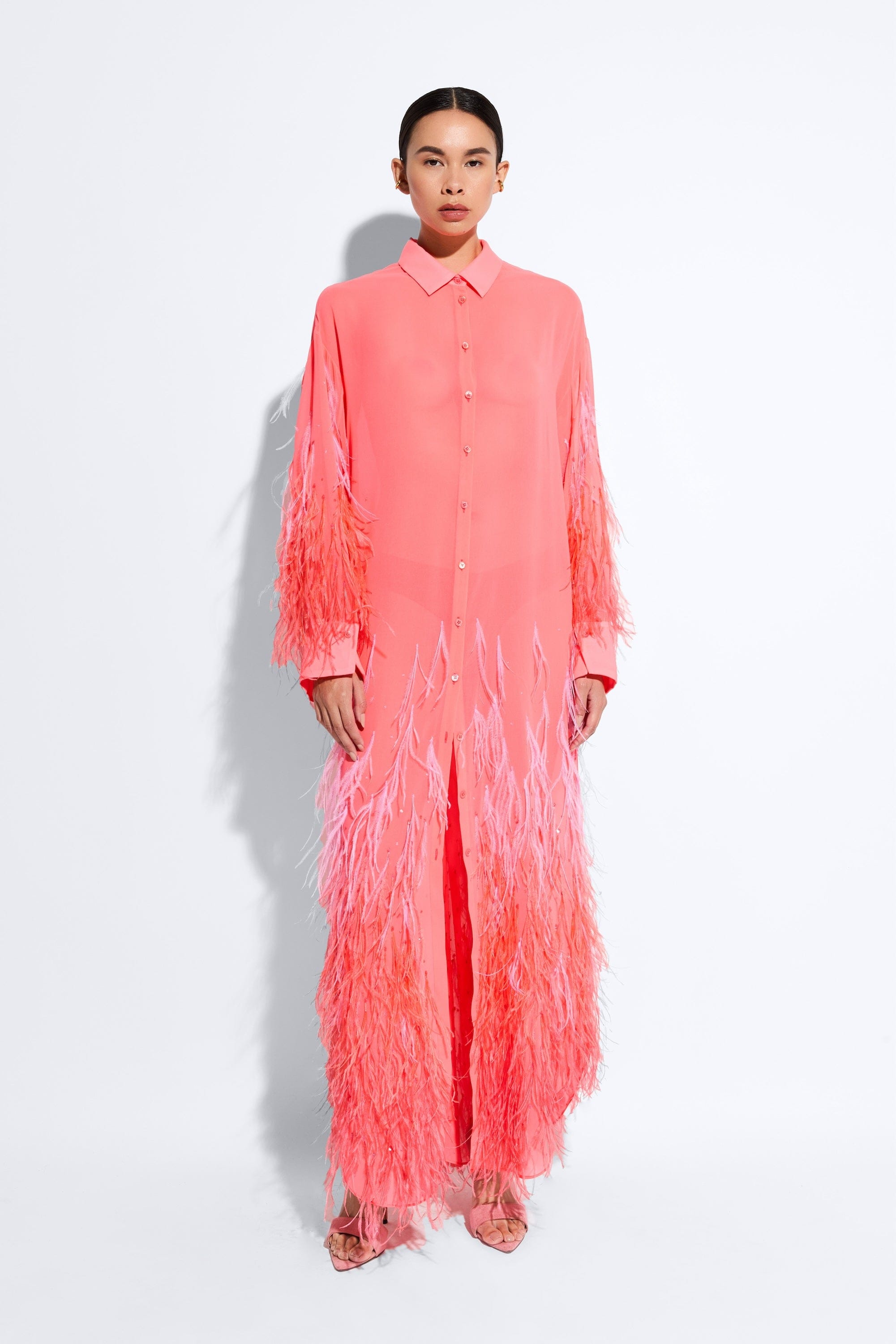 Lightweight Georgette Long Button Down With Feathers