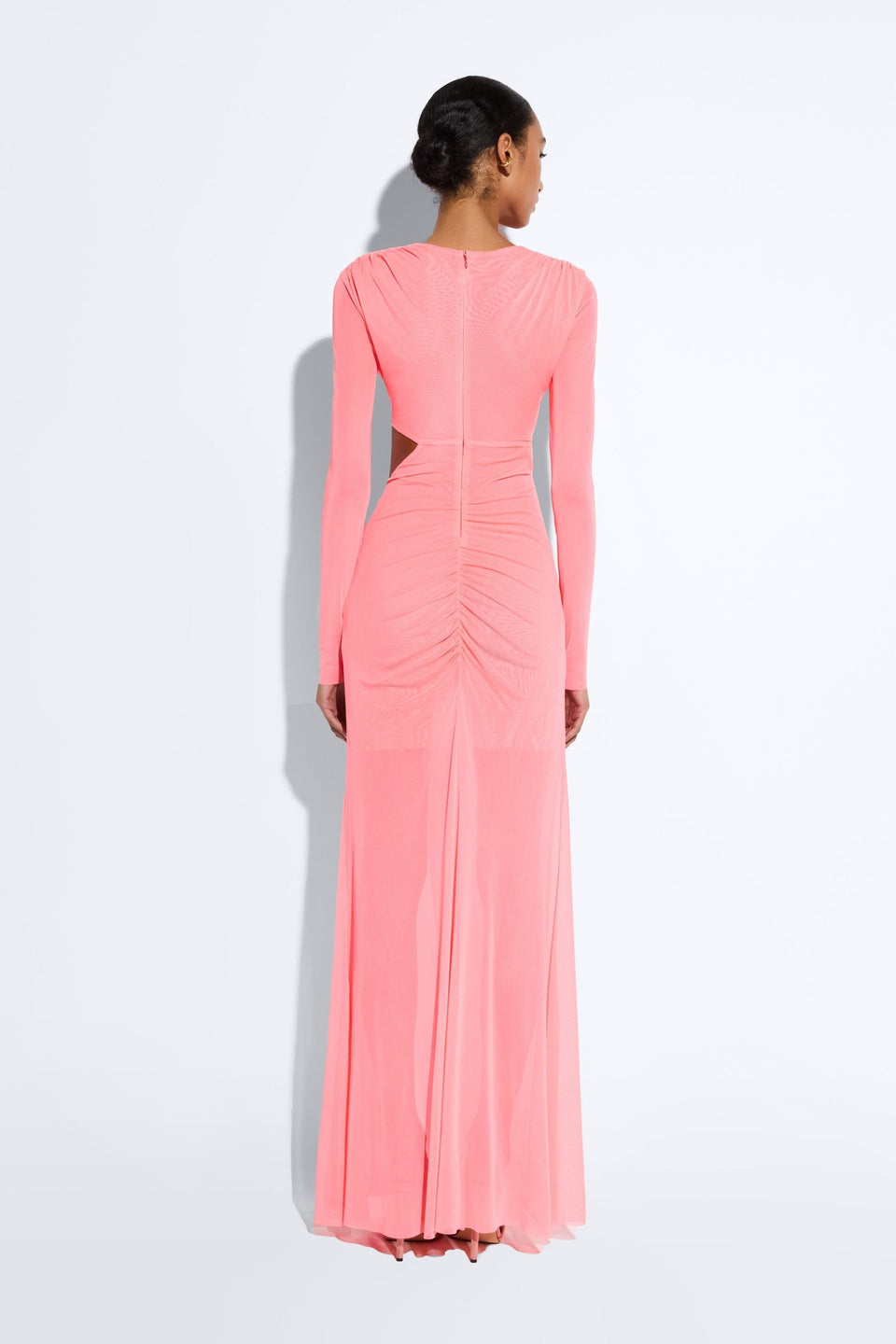 Mesh Asymmetric Cut Out Ruched Gown