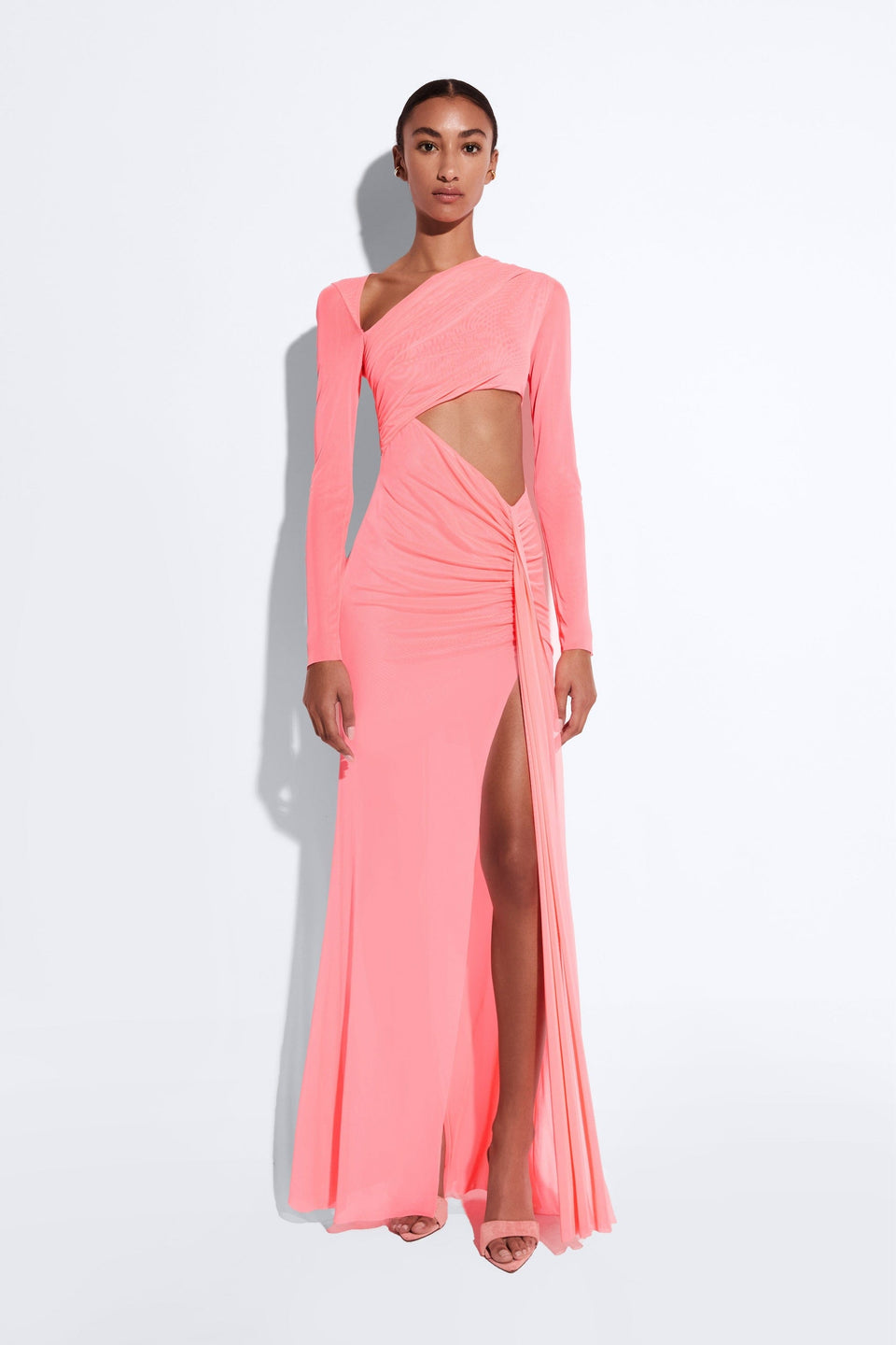 Mesh Asymmetric Cut Out Ruched Gown