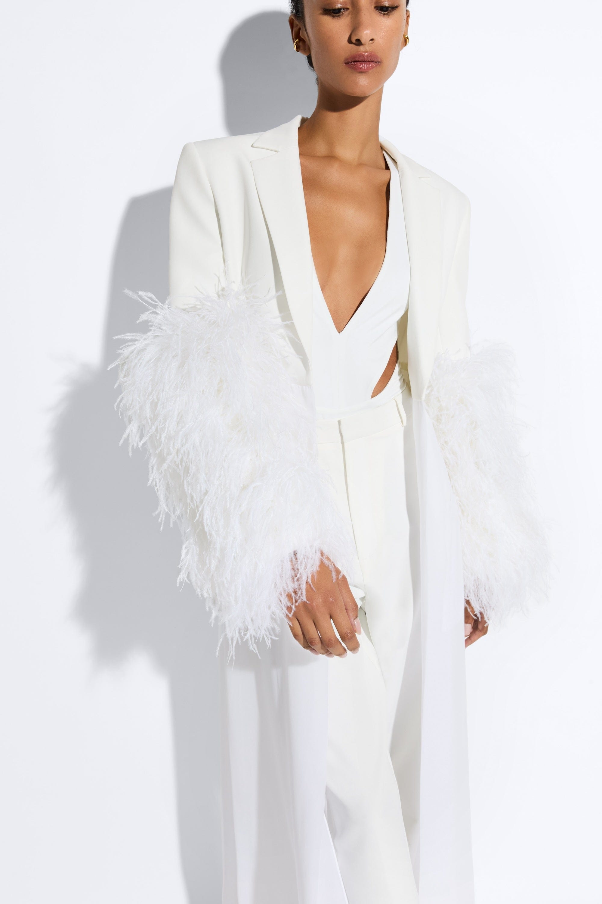 Matte Crepe Combo Jacket With Feathers